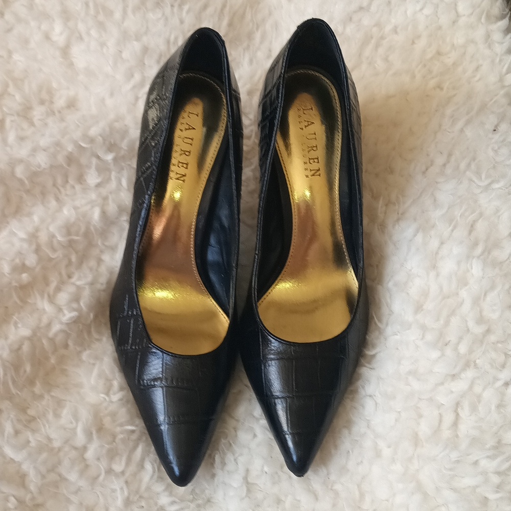 LAUREN RALPH LAUREN Sz 9B Heels Pumps Pointy Crocodile Embossed Leather Shoes